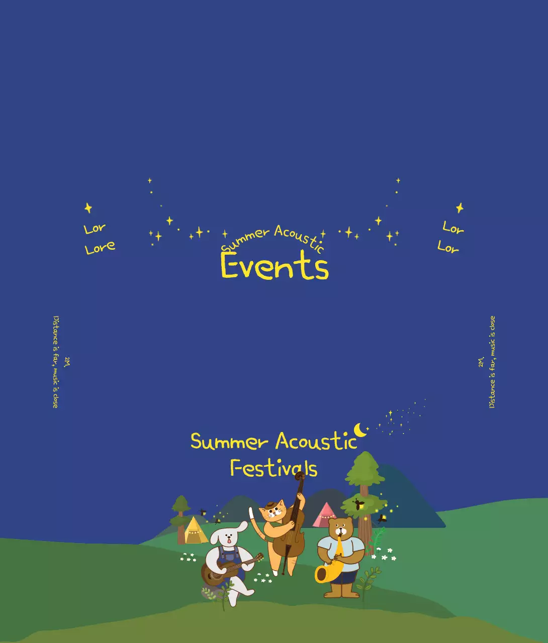 Ilustrasi hewan lucu dalam warna-warni langit malam Panduan Festival Festival Akustik Musim Panas