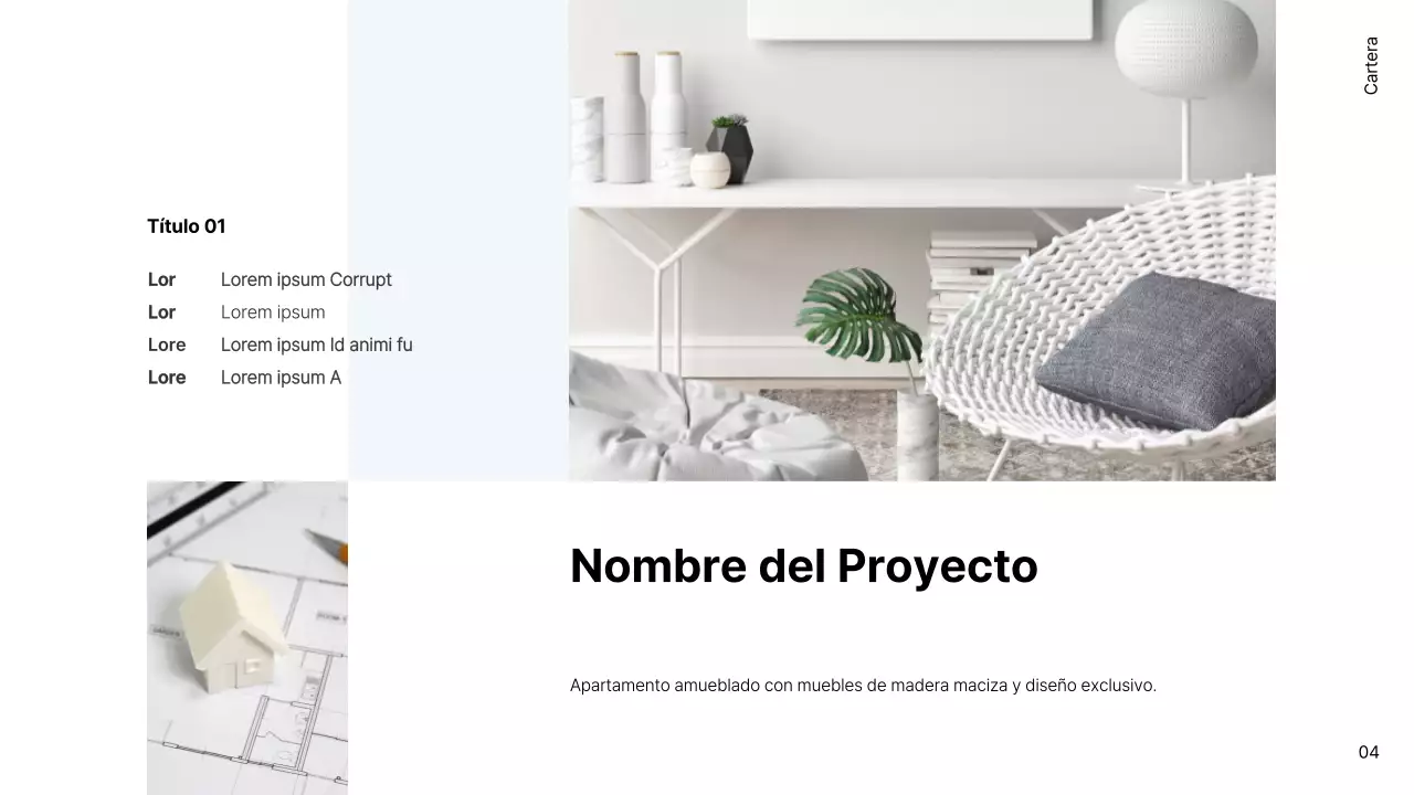 Portafolio sencillo de interiorista en blanco y azul claro