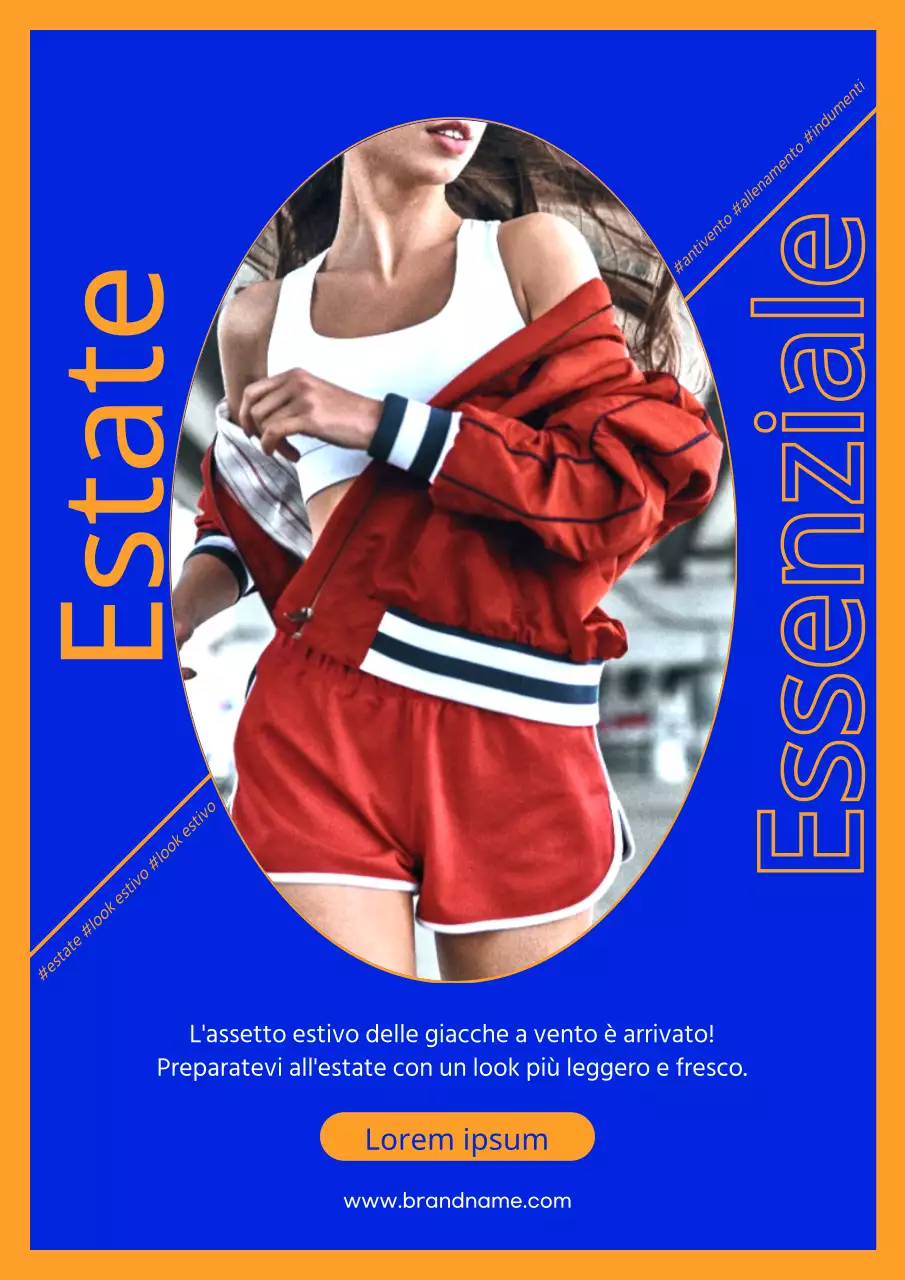 Un webposter che promuove tute estive alla moda nei colori blu e arancione.
