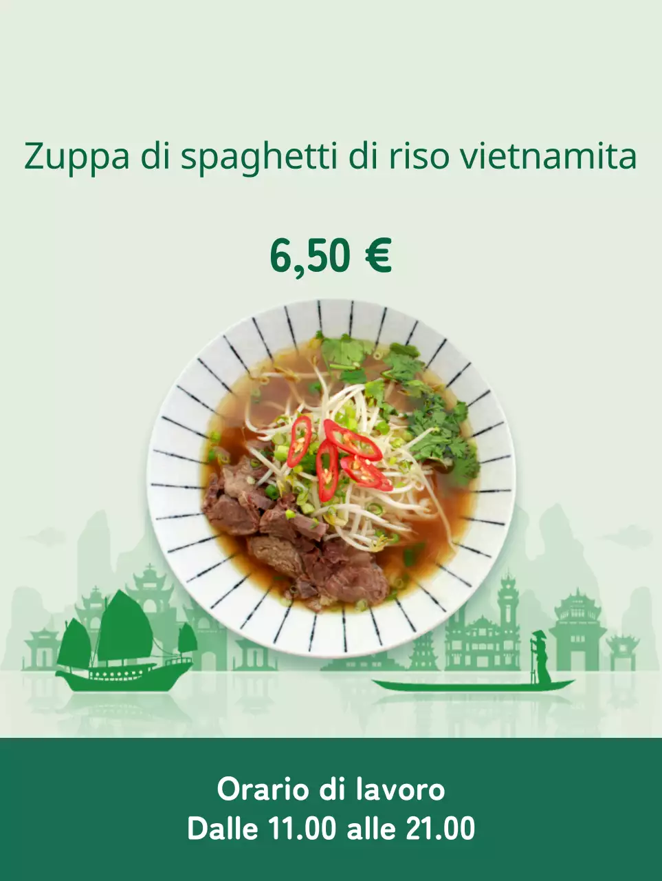 Promuovete un menu pulito con un'immagine di spaghetti di riso in un colore d'accento verde.