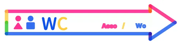 Colorido y bonito marco en forma de flecha con indicaciones para llegar al cuarto de baño