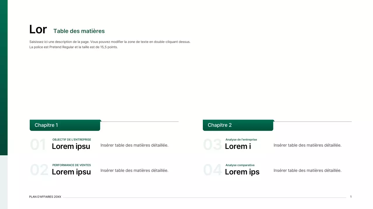 Kit de présentation d'un plan d'affaires avec un concept d'index dégradé en vert