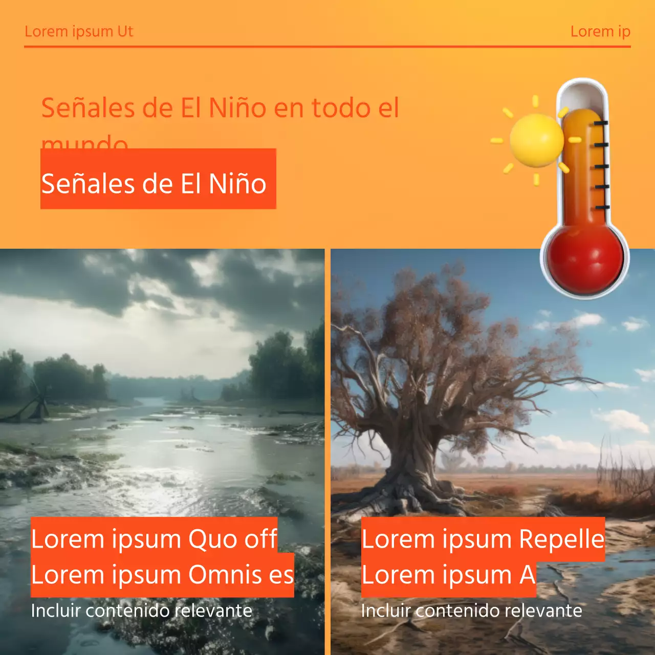 Historia del cambio climático con fondo degradado naranja y amarillo e ilustraciones en 3D