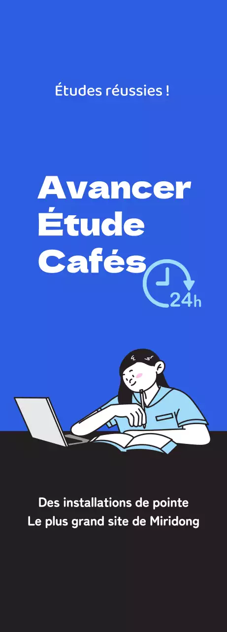 Promouvoir un café d'étude propre avec l'illustration d'un étudiant en train d'étudier sur un fond bleu.