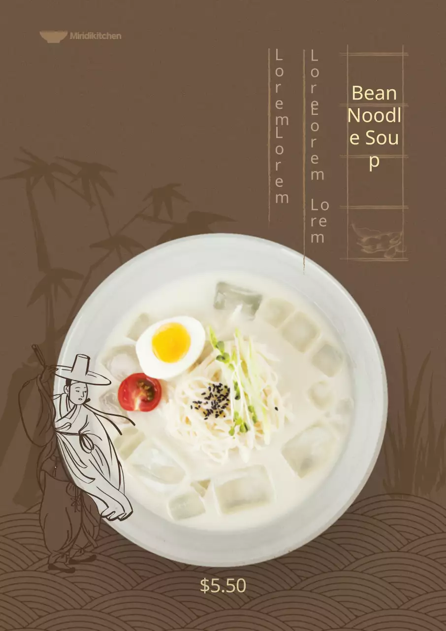 Menu musim panas dengan latar belakang coklat tua dan ilustrasi oriental