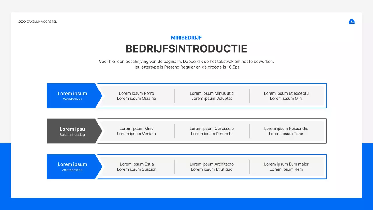 Strakke, intuïtieve presentatiekit voor zakelijke voorstellen in blauw en lichtgrijs