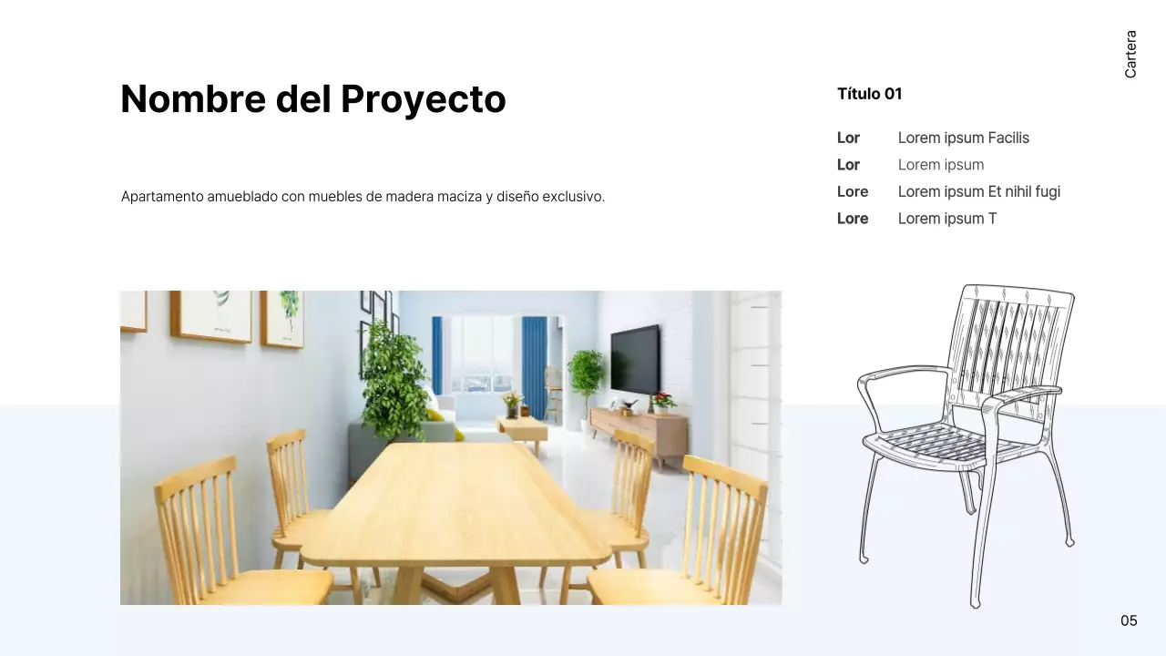 Portafolio sencillo de interiorista en blanco y azul claro