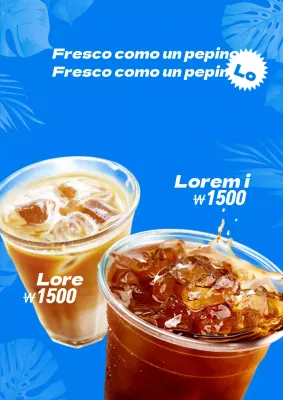 Un concepto sencillo y fresco con una ilustración de una hoja azul y una foto de café para promocionar la bebida.