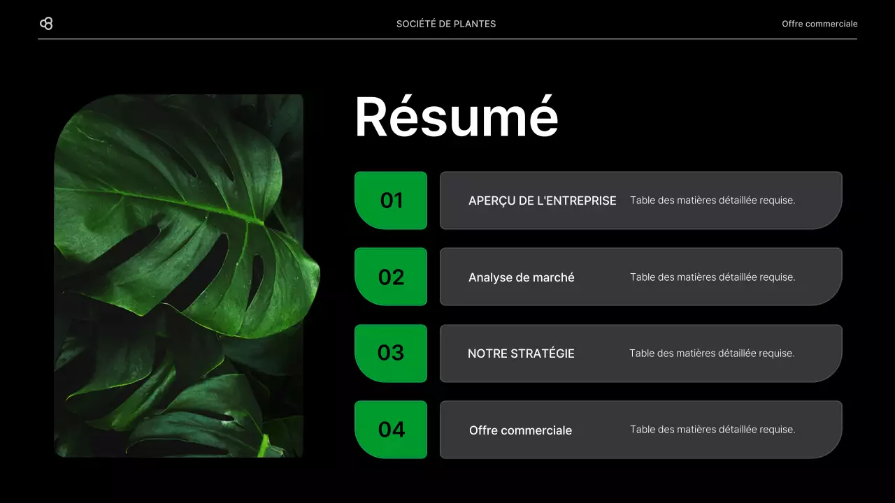 Proposition d'affaires en noir et vert, concept de feuille naturelle