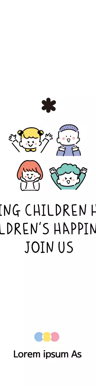 Promosi organisasi kesejahteraan yang lucu dengan ilustrasi anak-anak dalam berbagai warna lembut.