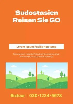 Einfache Pauschalwerbung eines Reiseunternehmens mit einem orangefarbenen Foto
