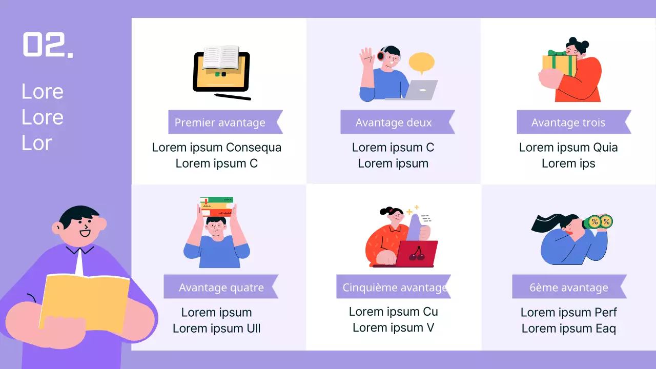 Thème de bibliothèque présentant des illustrations humaines sur un fond simple de violet et de bleu.