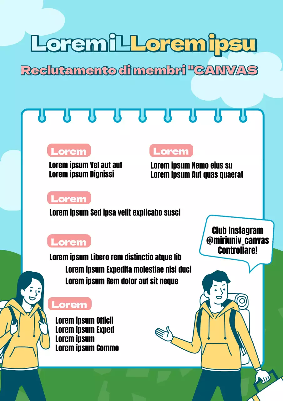 Poster promozionale del club in blu con testo pulito e arrotondato.