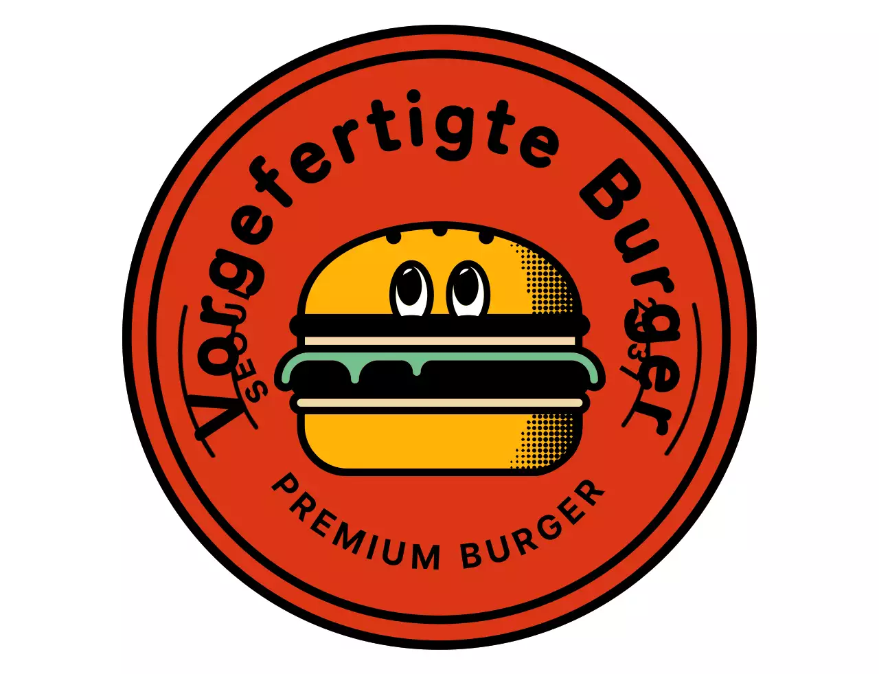 Ein Burger mit einem niedlichen rot-orangefarbenen Logo