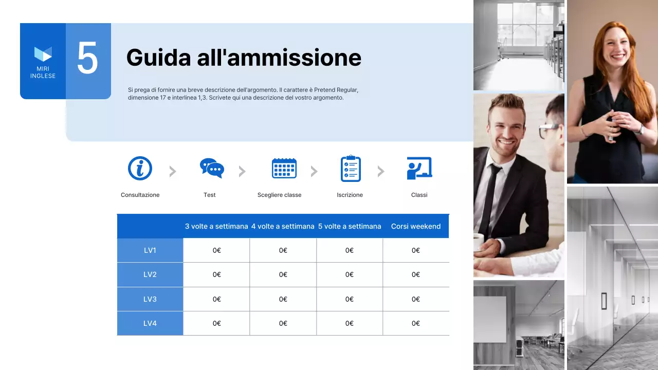 Un semplice prospetto aziendale della scuola di lingua inglese in bianco e blu