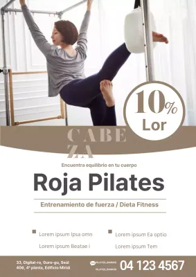 Bonito material promocional escolar con una foto tuya haciendo Pilates en una máquina beige.