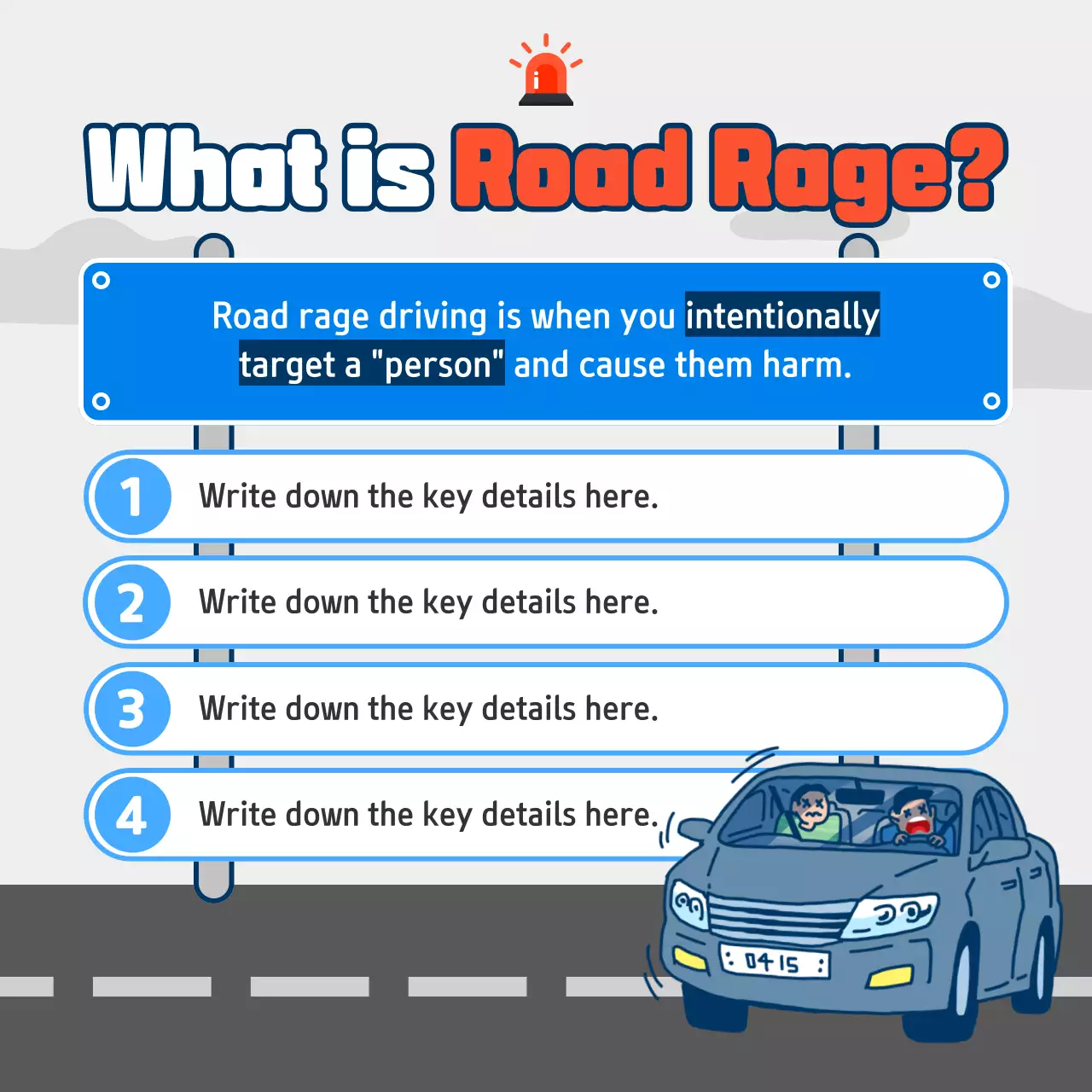 Causes and types of retaliatory driving in light blue and gray illustration concept