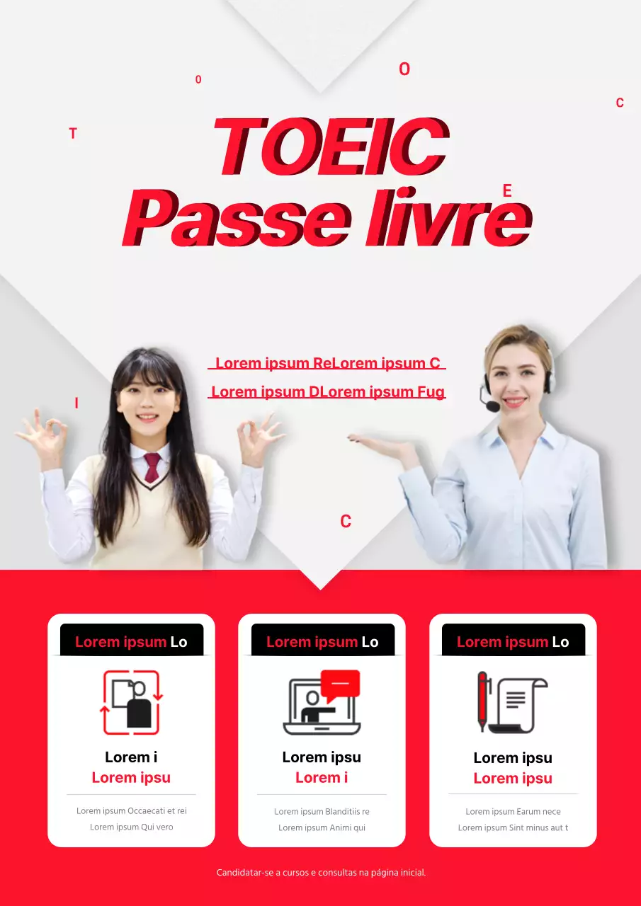 Promoção elegante da escola TOEIC com fotografias a vermelho de estudantes e professores estrangeiros