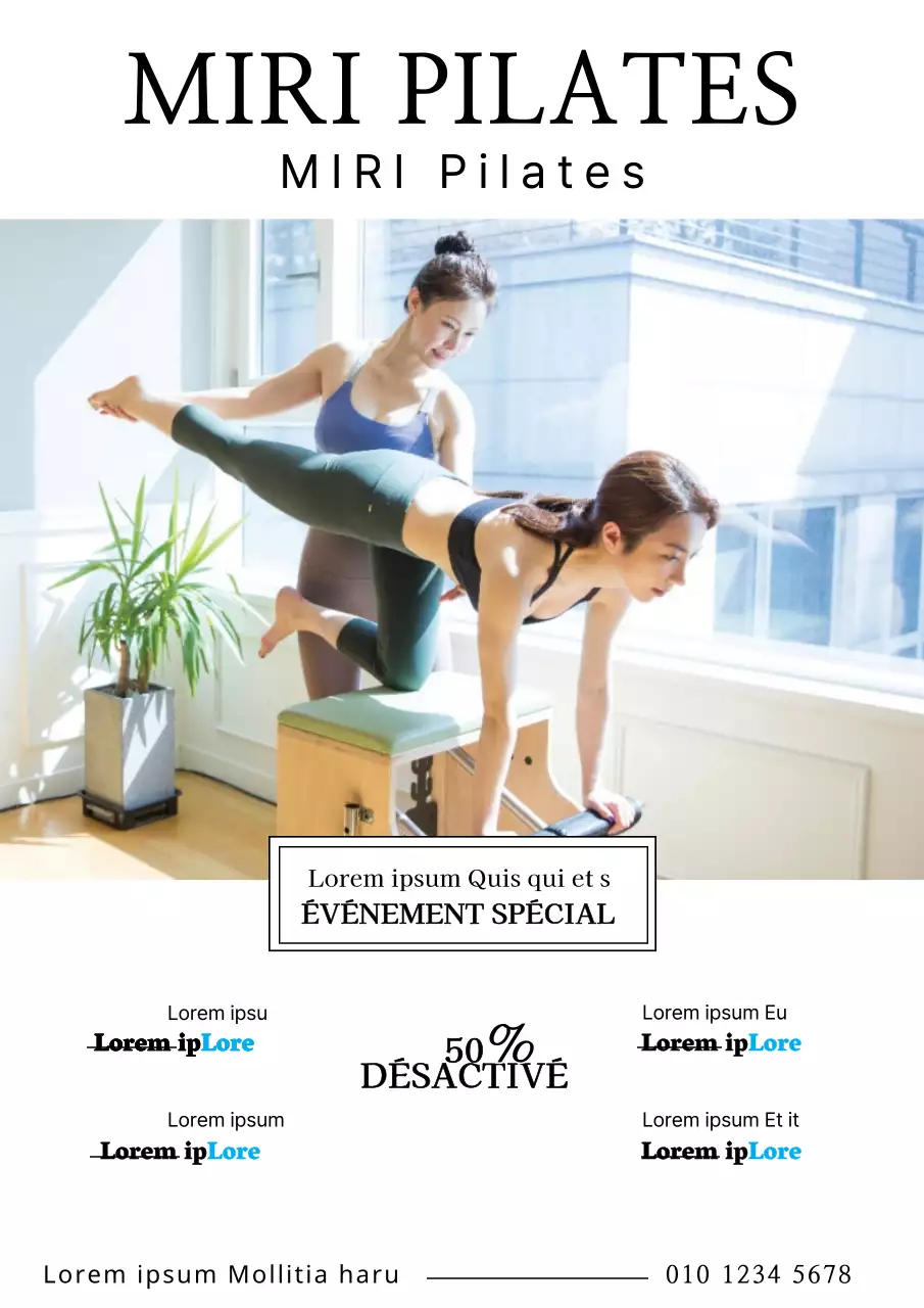 Promotion simple de réduction pour les écoles avec une photo en blanc et noir d'une étudiante faisant du Pilates