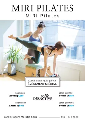 Promotion simple de réduction pour les écoles avec une photo en blanc et noir d'une étudiante faisant du Pilates