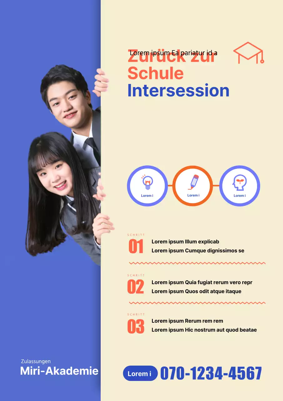 Werbematerial für das neue Schuljahr an einer Spezialschule für Gymnasiasten mit blauen und orangefarbenen Fotos von Schülern.