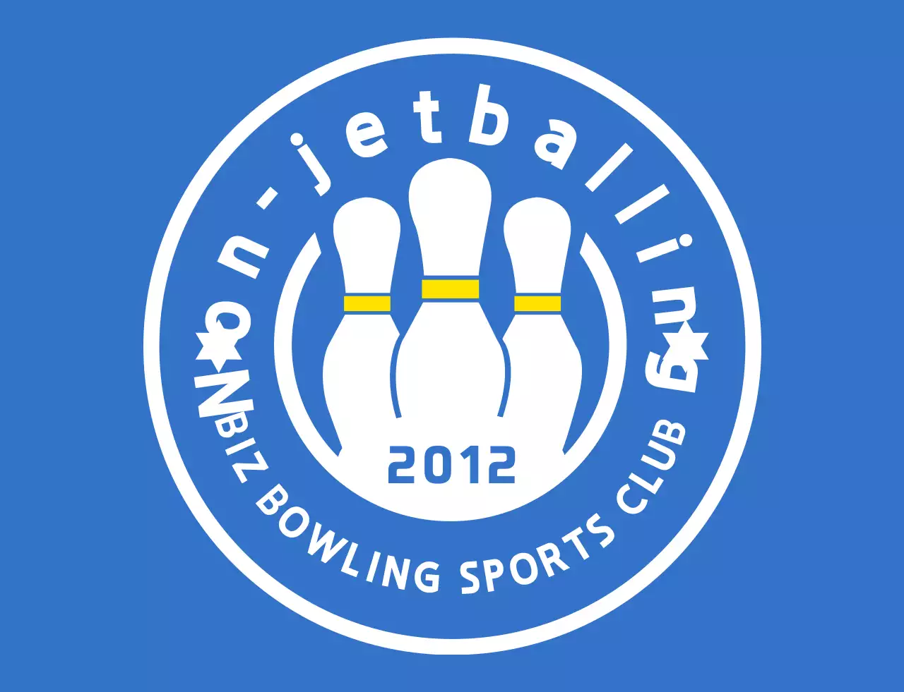 A clean, light blue, white, and yellow bowling illustration with an emblem logo for a bowling sports club.