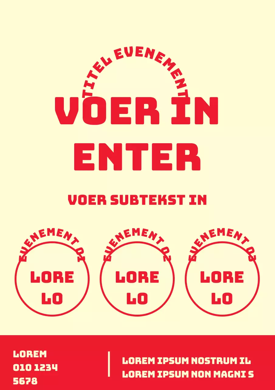 Een eenvoudige flyer voor een evenement met vormen en tekst in geel en rood.