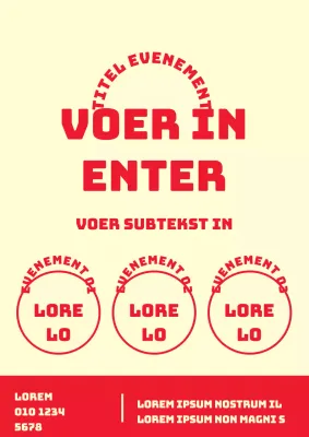 Een eenvoudige flyer voor een evenement met vormen en tekst in geel en rood.