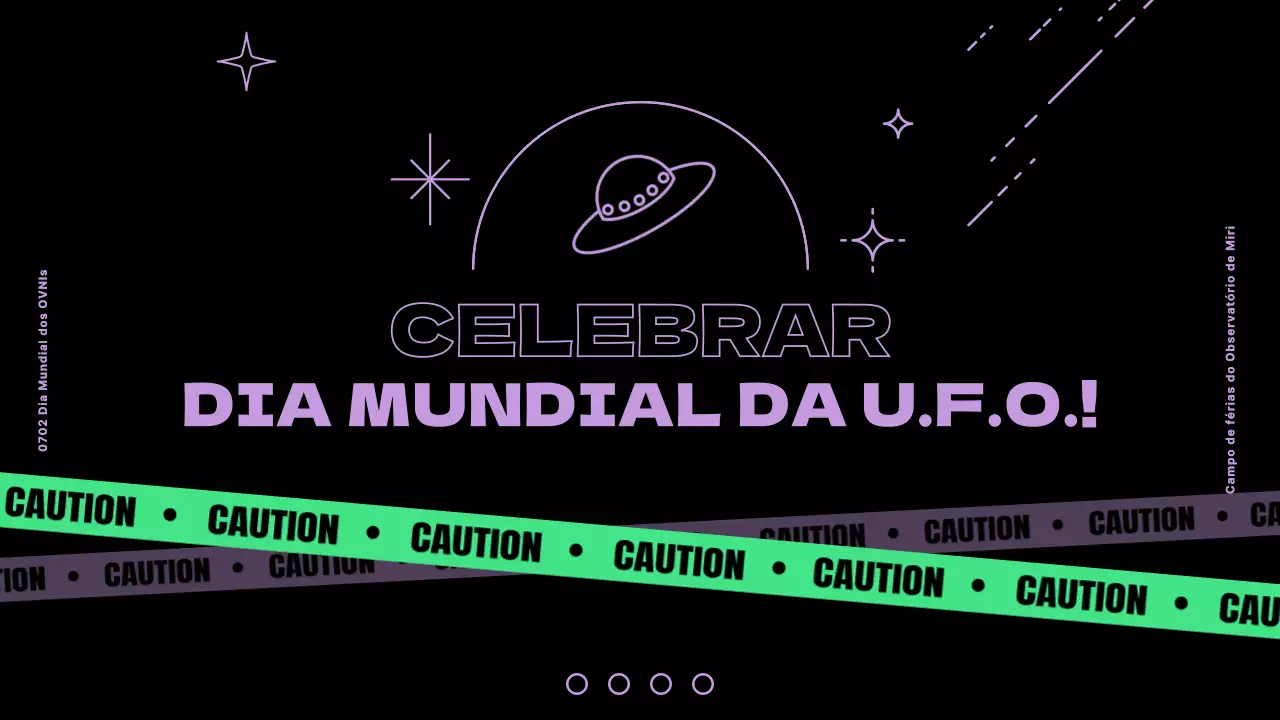 Introdução ao Dia Mundial dos OVNIs, com toques de roxo e verde sobre um fundo preto
