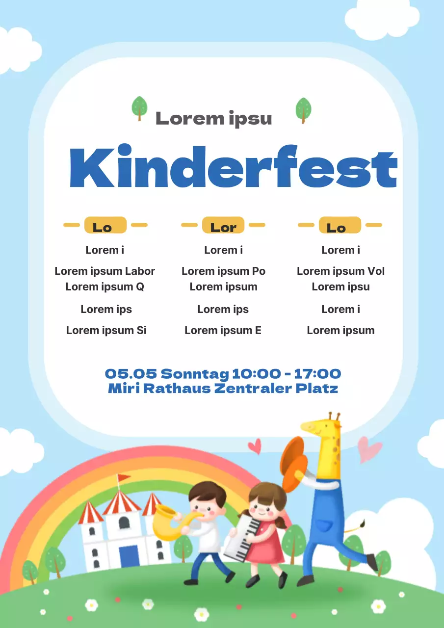 Ein hübsches, hellblaues Flugblatt für das große Kindertagsfest