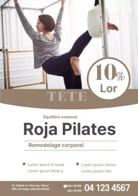 Matériel promotionnel scolaire soigné avec une photo de vous en train de faire du Pilates sur une machine beige.