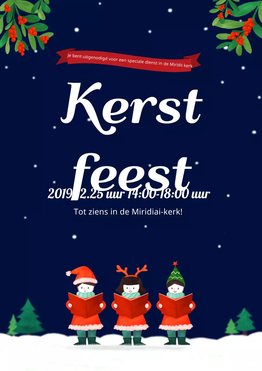 Kerstdienstposter voor kerk met illustratie van kinderen die Sterrenhemel zingen in marineblauw