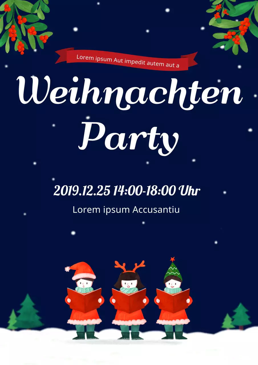 Weihnachtsgottesdienstplakat für die Kirche mit Illustration von Kindern, die den Sternenhimmel singen, in Marineblau