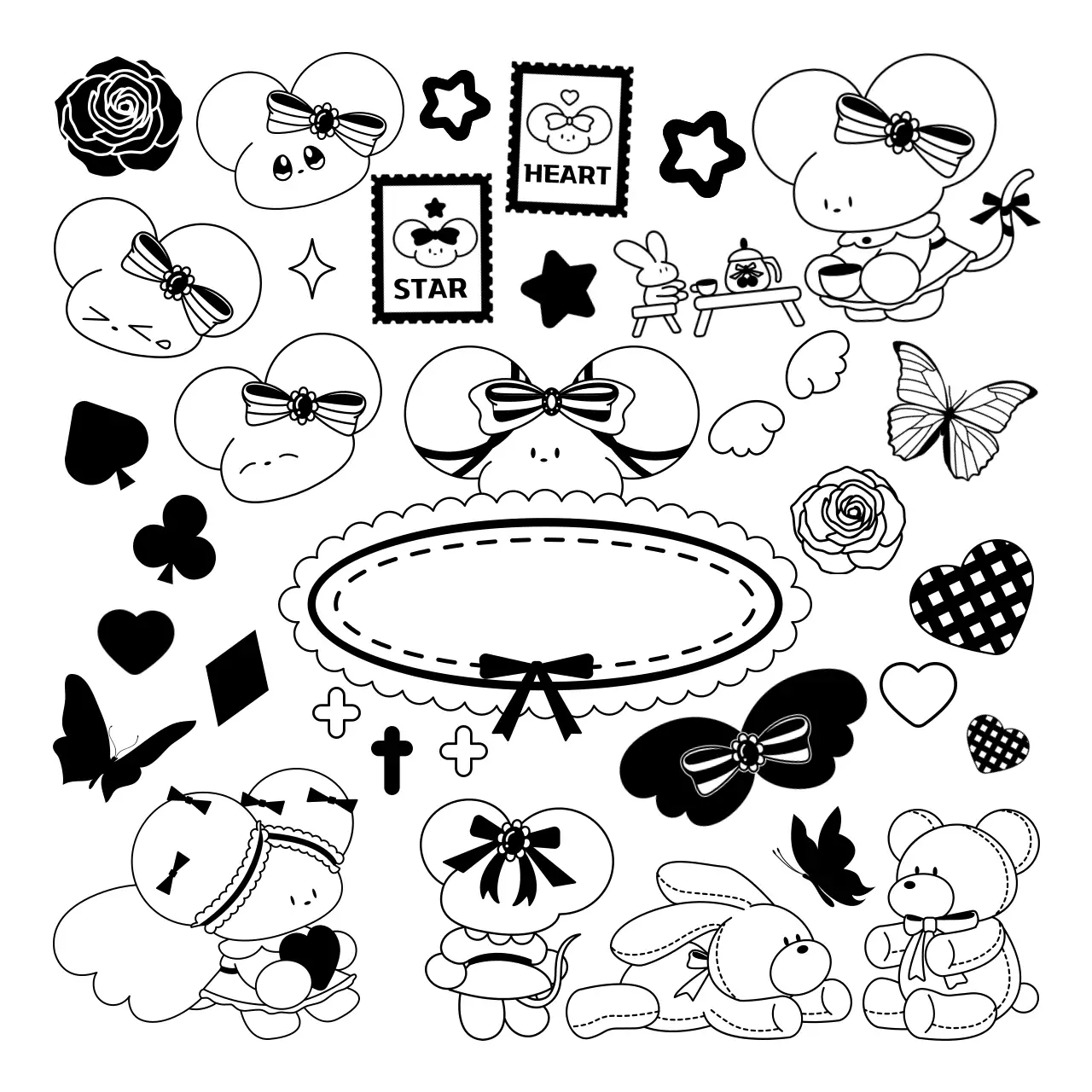 Karakter dan dekorasi tikus yang lucu dan menggemaskan dalam warna hitam dan putih