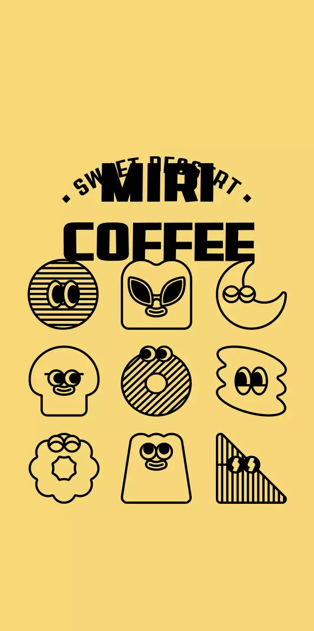 A collection of cute yellow and black dessert illustrations for stylized cafe merchandise.