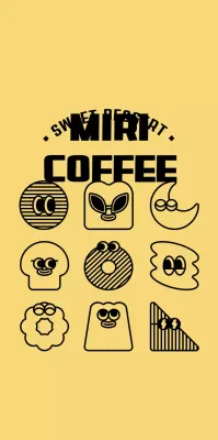 A collection of cute yellow and black dessert illustrations for stylized cafe merchandise.