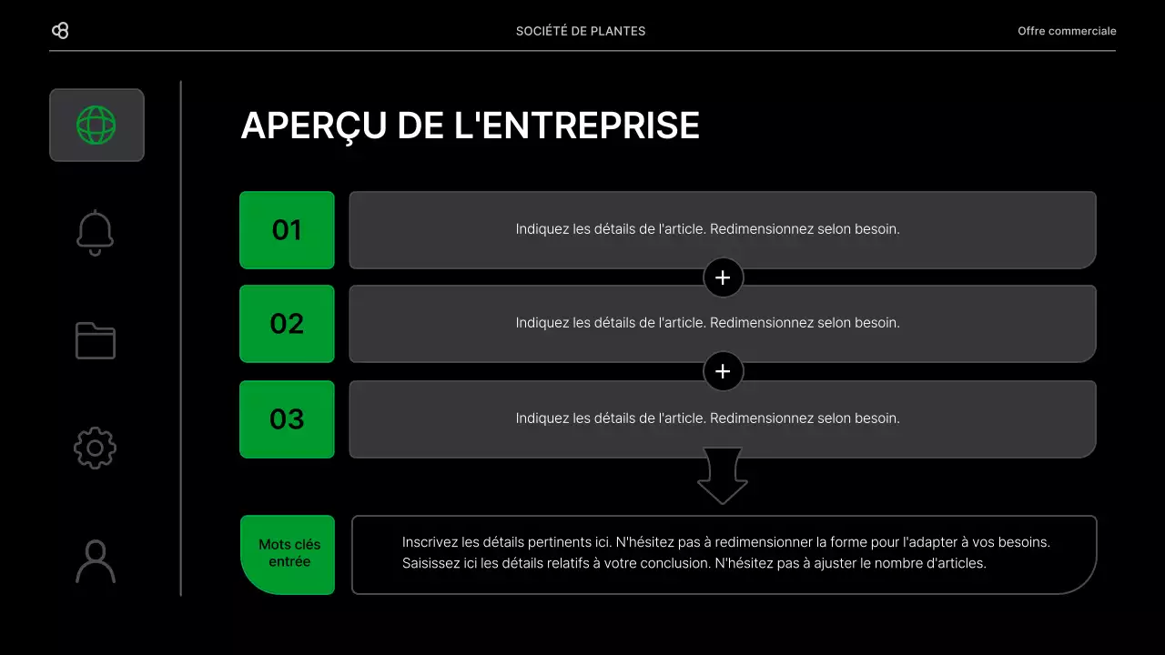Proposition d'affaires en noir et vert, concept de feuille naturelle