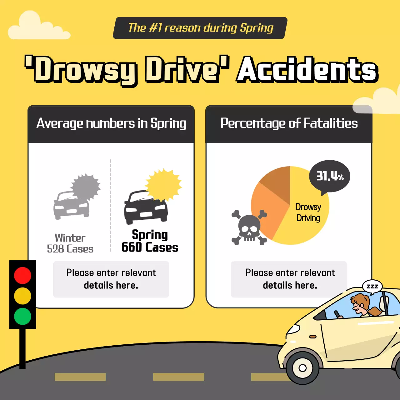 Drowsy driving in yellow and gray illustration concept
