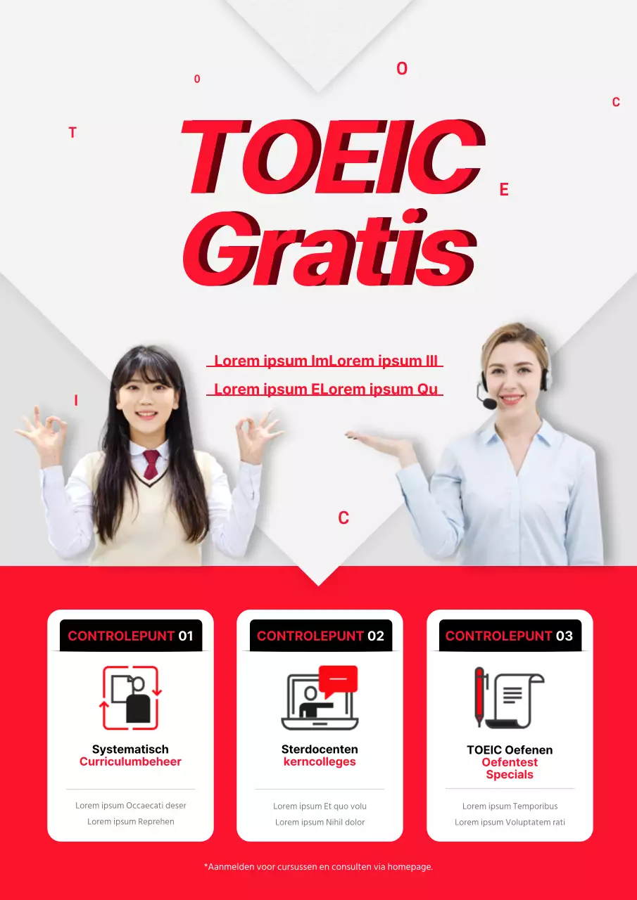 Nette promotie van TOEIC-school met rode foto's van studenten en buitenlandse docenten