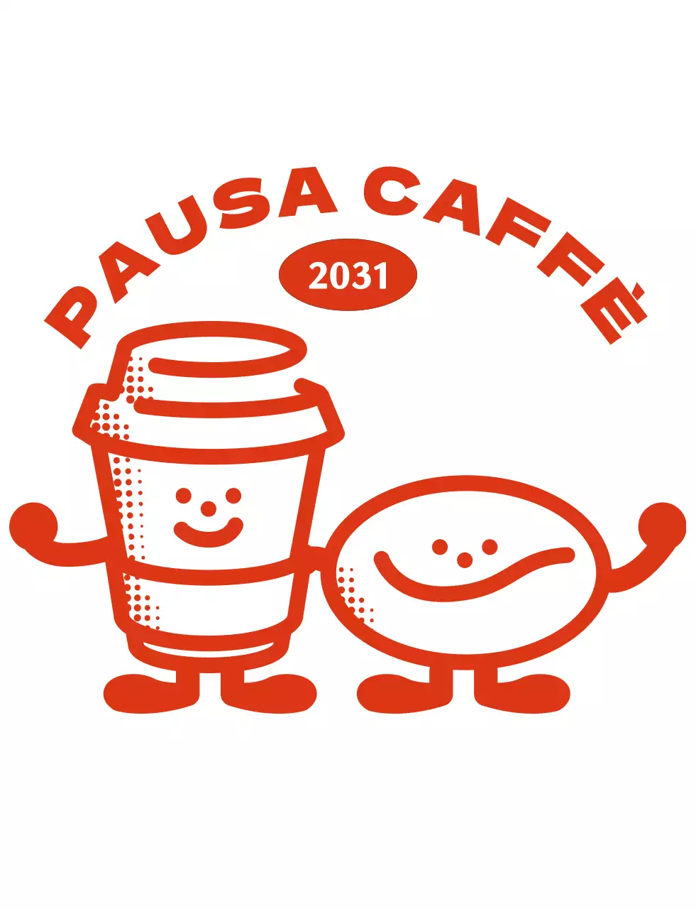 Una caffetteria con un logo di testo rosso e un simpatico personaggio del caffè