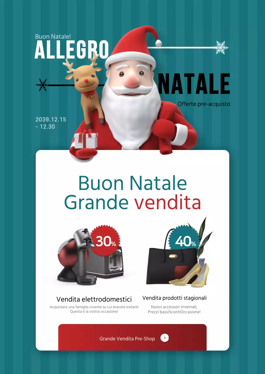 Merchandising natalizio con personaggi di Babbo Natale turchesi e rossi in vendita