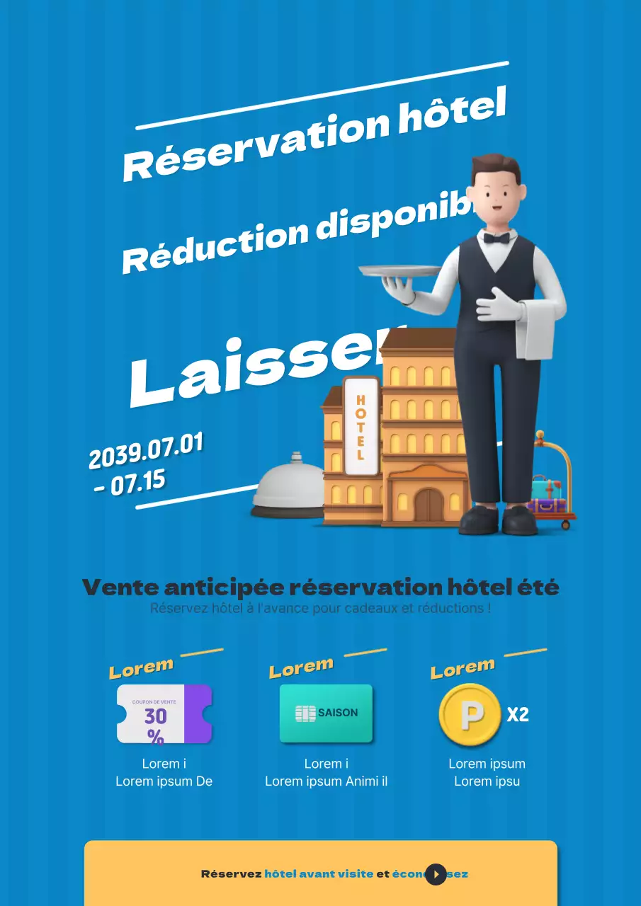 Promouvoir un événement de réservation d'hôtel par une agence de voyage avec un personnage 3D bleu