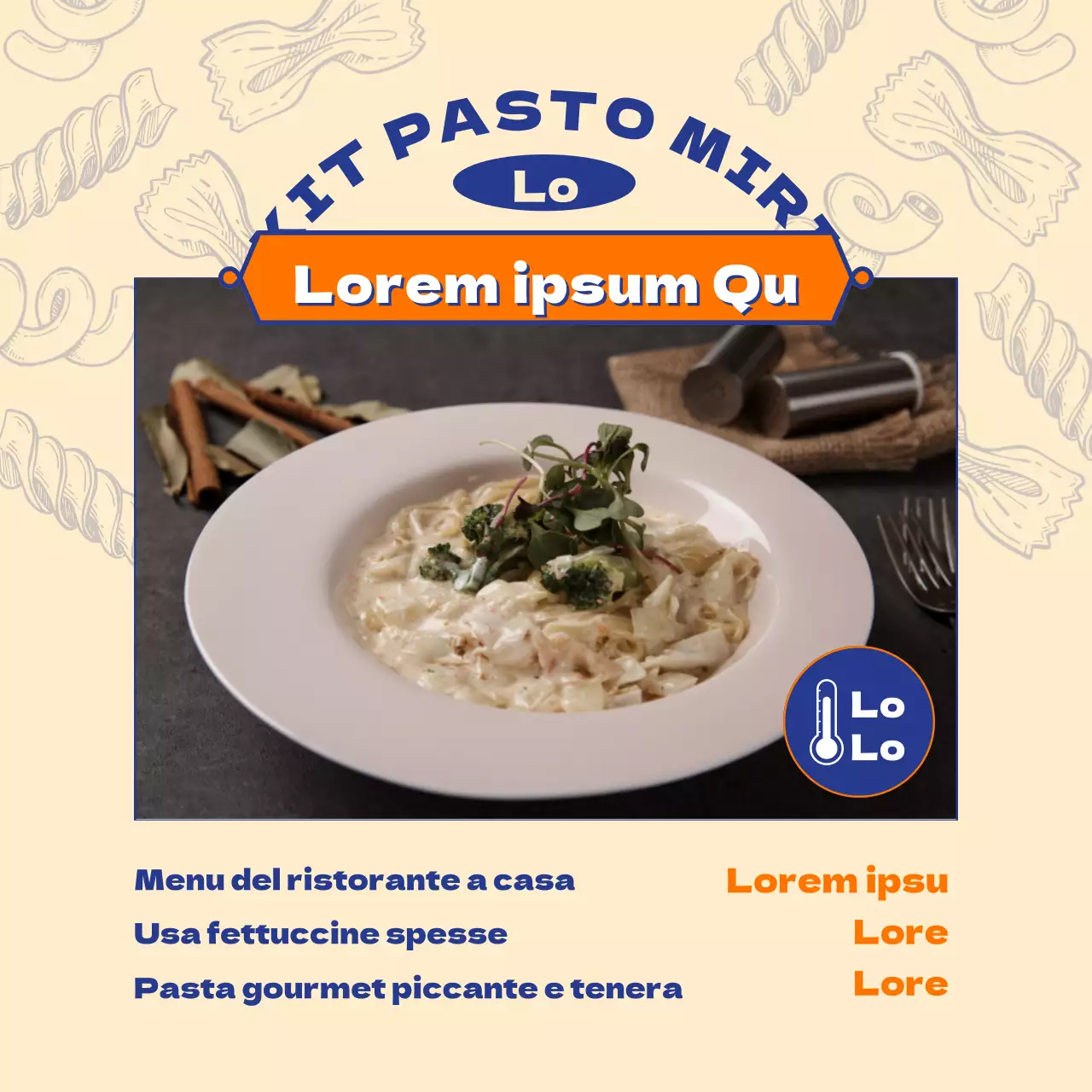 Promuovere un moderno kit di pasta in giallo e arancione