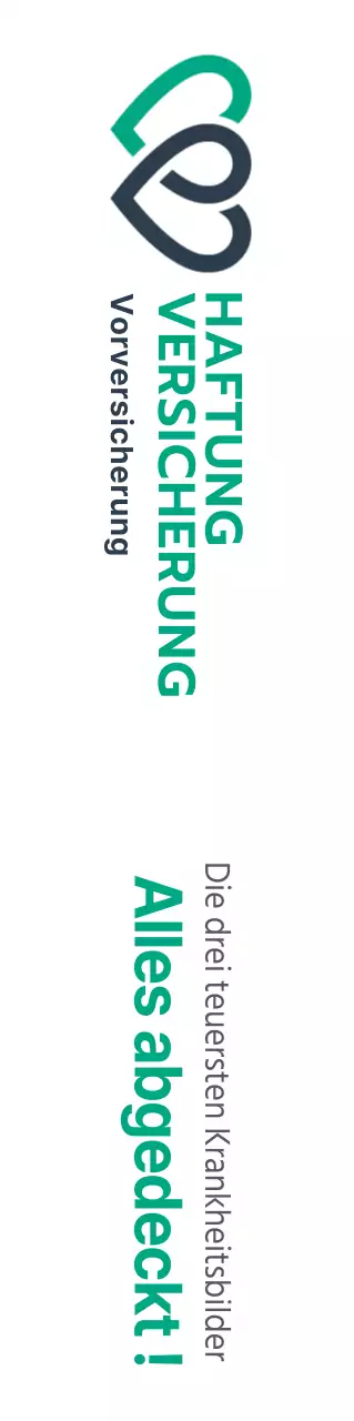 Werbung für ein Versicherungsprodukt mit einem türkisfarbenen und schwarzen Logo und Text für die Schaden- und Unfallversicherung.