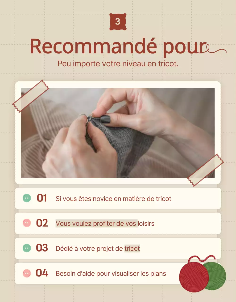 Promouvoir le recrutement pour un cours de tricot en beige et rouge.
