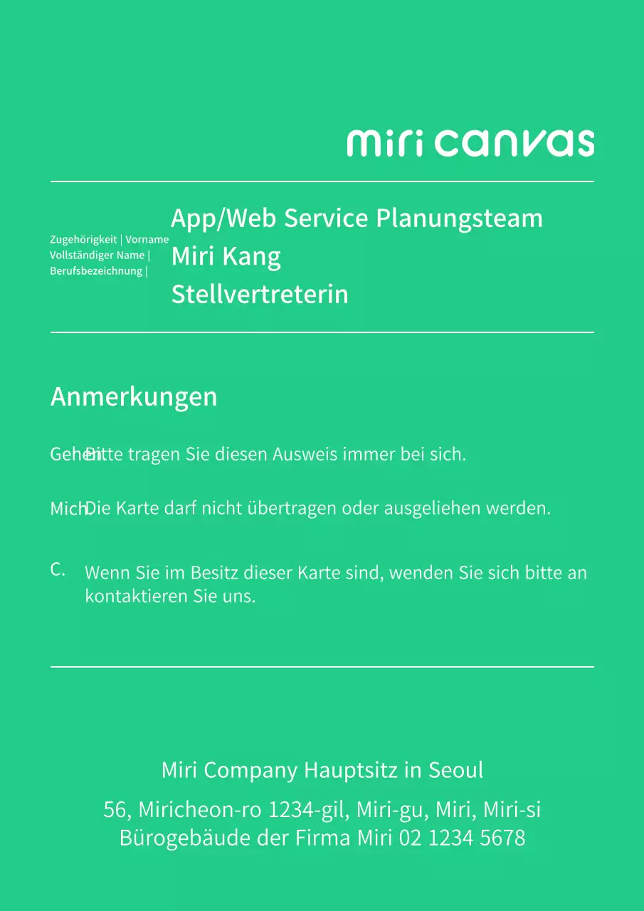 Einfache und schlichte Mitarbeiterkarte mit weißen und grünen Akzenten