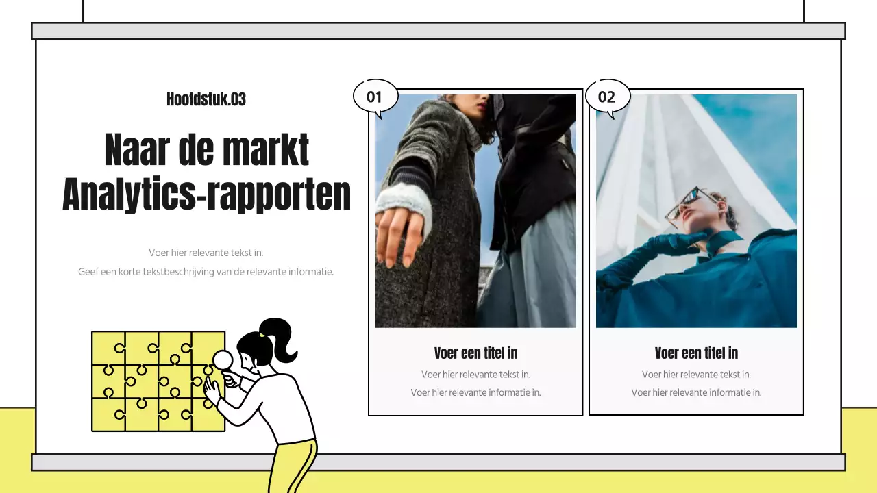 Een schattig geïllustreerd analyseverslag met gele en zwarte accenten