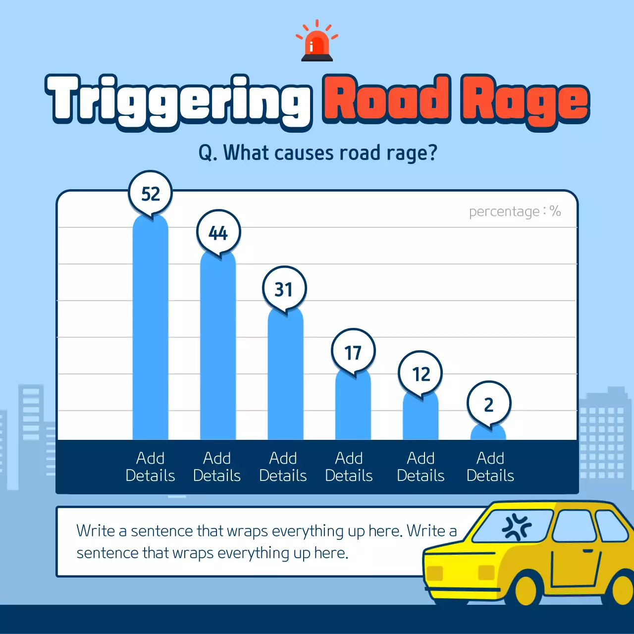 Causes and types of retaliatory driving in light blue and gray illustration concept