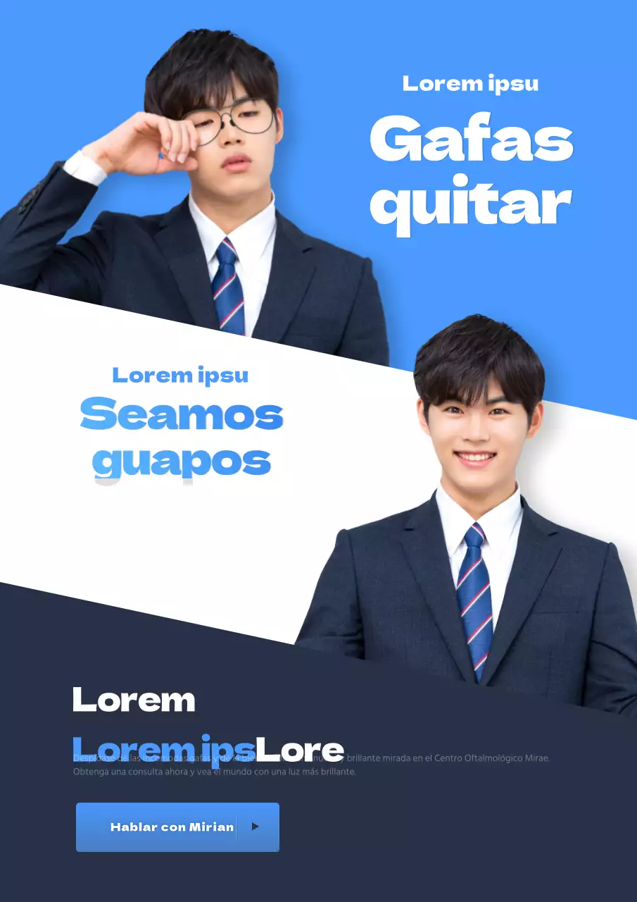 Promoción de un evento para la cirugía Lasik de ojos diagonales con un modelo masculino vestido de azul.