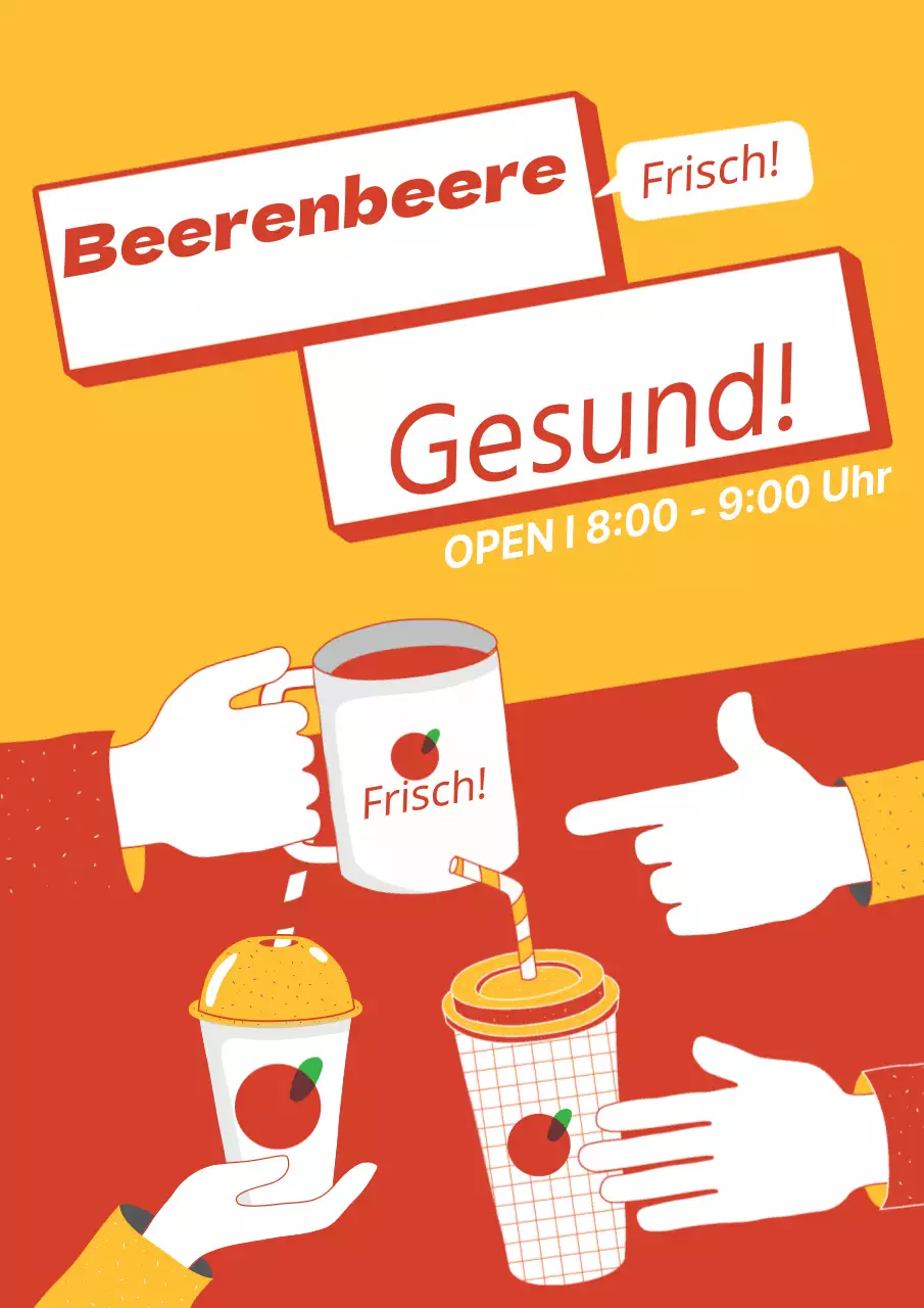 Werbung für ein neues Sommermenü mit einer blau-rosa Tasse und einer Handillustration